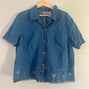 Vintage Koret City Blues Denim Top Scalloped Hem Button Down Summer Casual 16W